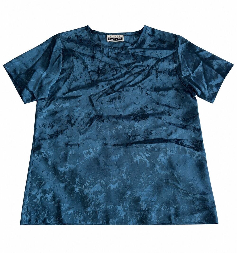 Sport Savvy Women’s Large Blue Satin Jacquard Short Sleeve Blouse Top